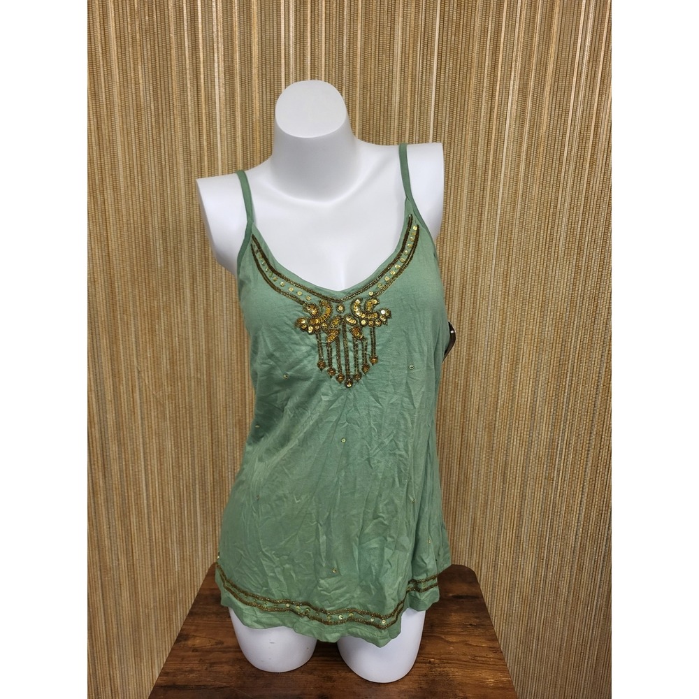 Y2K Eyeshadow Womens Sage Green Beaded Sequin Cotton Camisole Top Large NWT